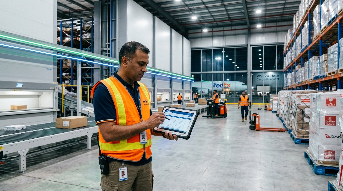 A logistics team leader using a rugged tablet to track air cargo manifests inside a high-tech warehouse facility at the WSI 24-hour cargo precinct clean modern industrial environment