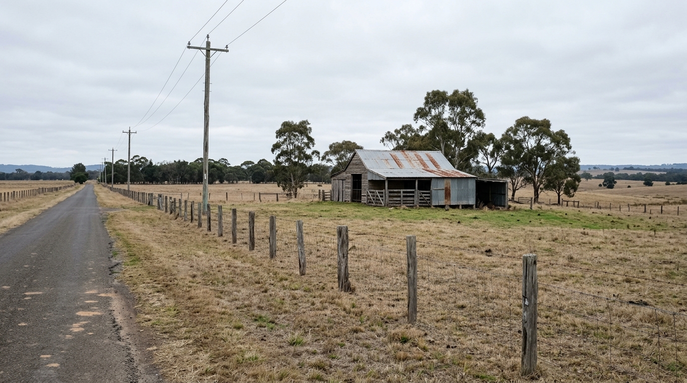 Open dry farmland at Luddenham with a post and wire fence, farm shed and power poles