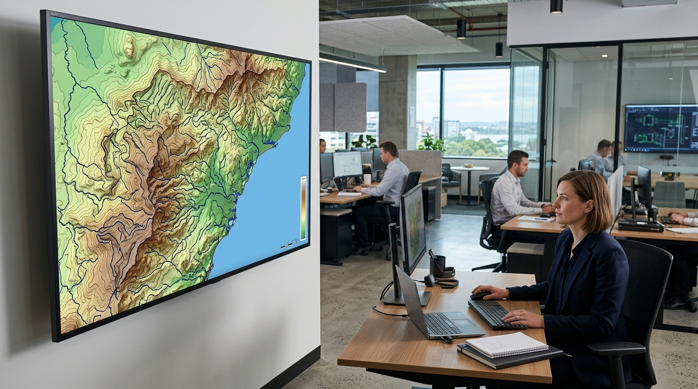 Computer monitor displaying hydrological flood map layers for Australian property risk assessment