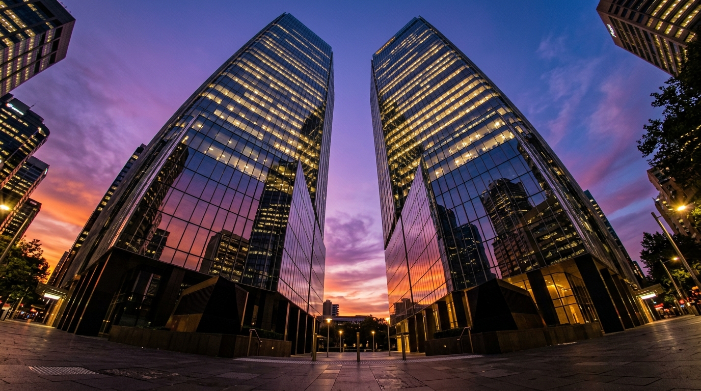 Office towers reflecting evening light, symbolising institutional capital targeting prime Sydney office assets in 2026