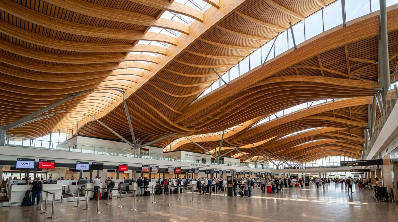 Interior architectural photograph of the WSI passenger terminal check-in hall looking up at the high sweeping timber-slat ceilings designed to maximize soft natural daylight filtering through high skylights