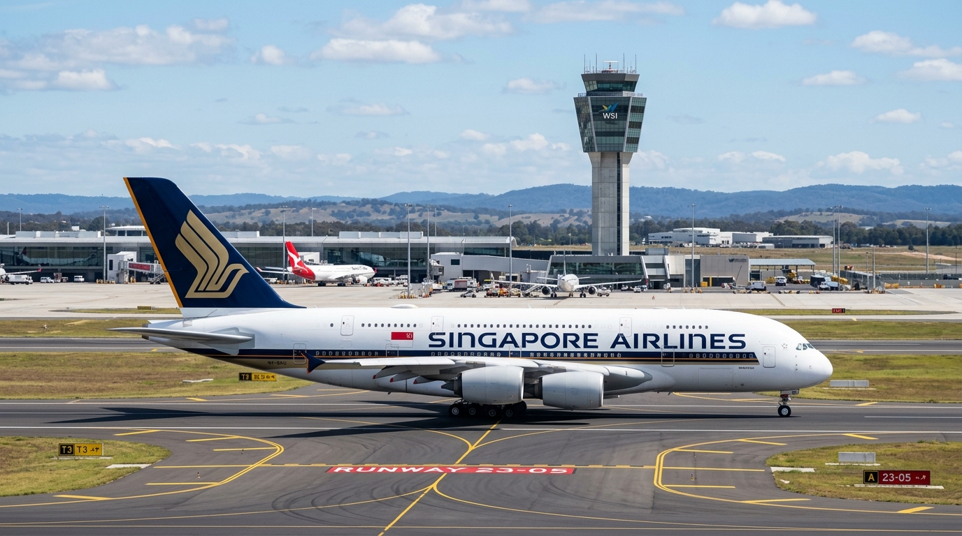 Telephoto daytime shot of a large Singapore Airlines widebody passenger jet taxiing smoothly down the pristine asphalt of the new 3.7-kilometre WSI runway with the modern control tower sharp in the background