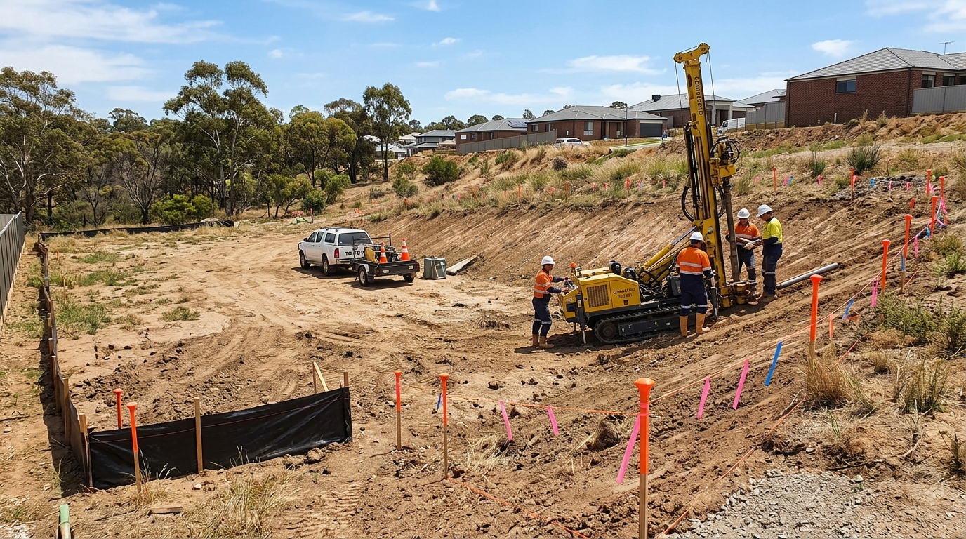 Residential building block in Australia with soil testing equipment and survey pegs before prefab foundation work.