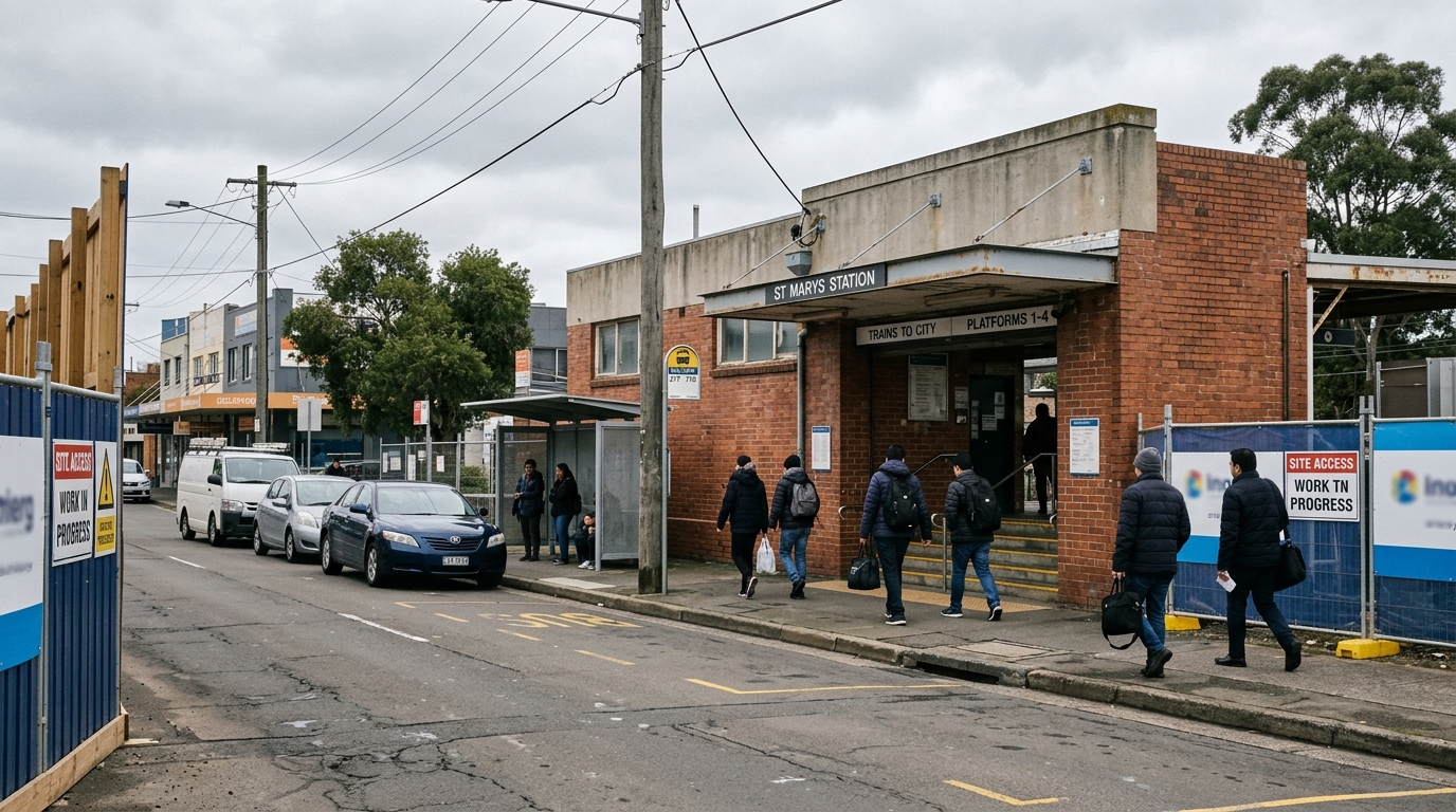 Station Street entrance to St Marys railway station in Western Sydney, one of the two named entry points for the future metro station beneath the existing platforms