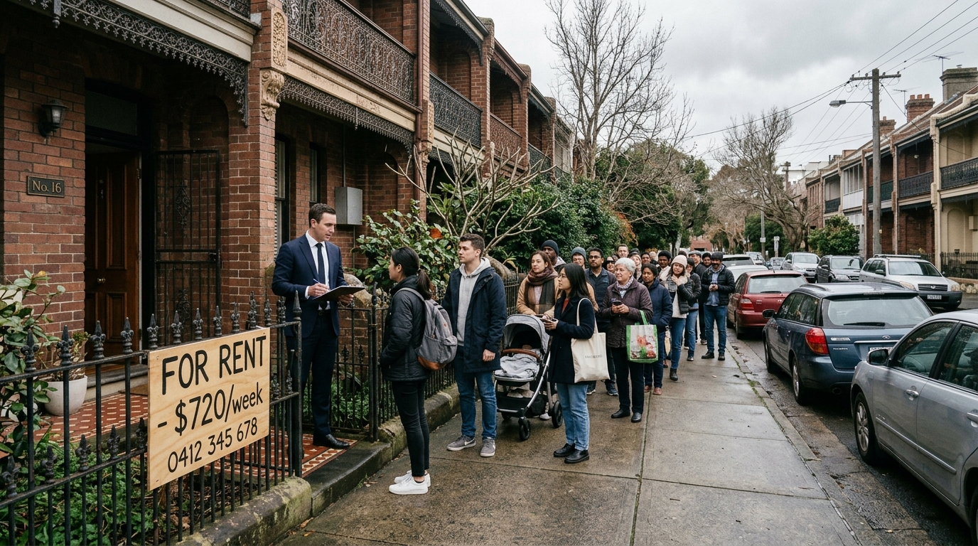 Prospective tenants queueing at an inspection during the Sydney rental market 2026 vacancy shortage