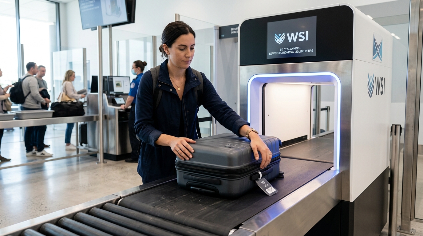 A close-up shot of a traveler placing a carry-on bag onto a modern 3D CT security screening conveyor belt at WSI with no need to remove electronics or liquids clean minimalist security checkpoint design