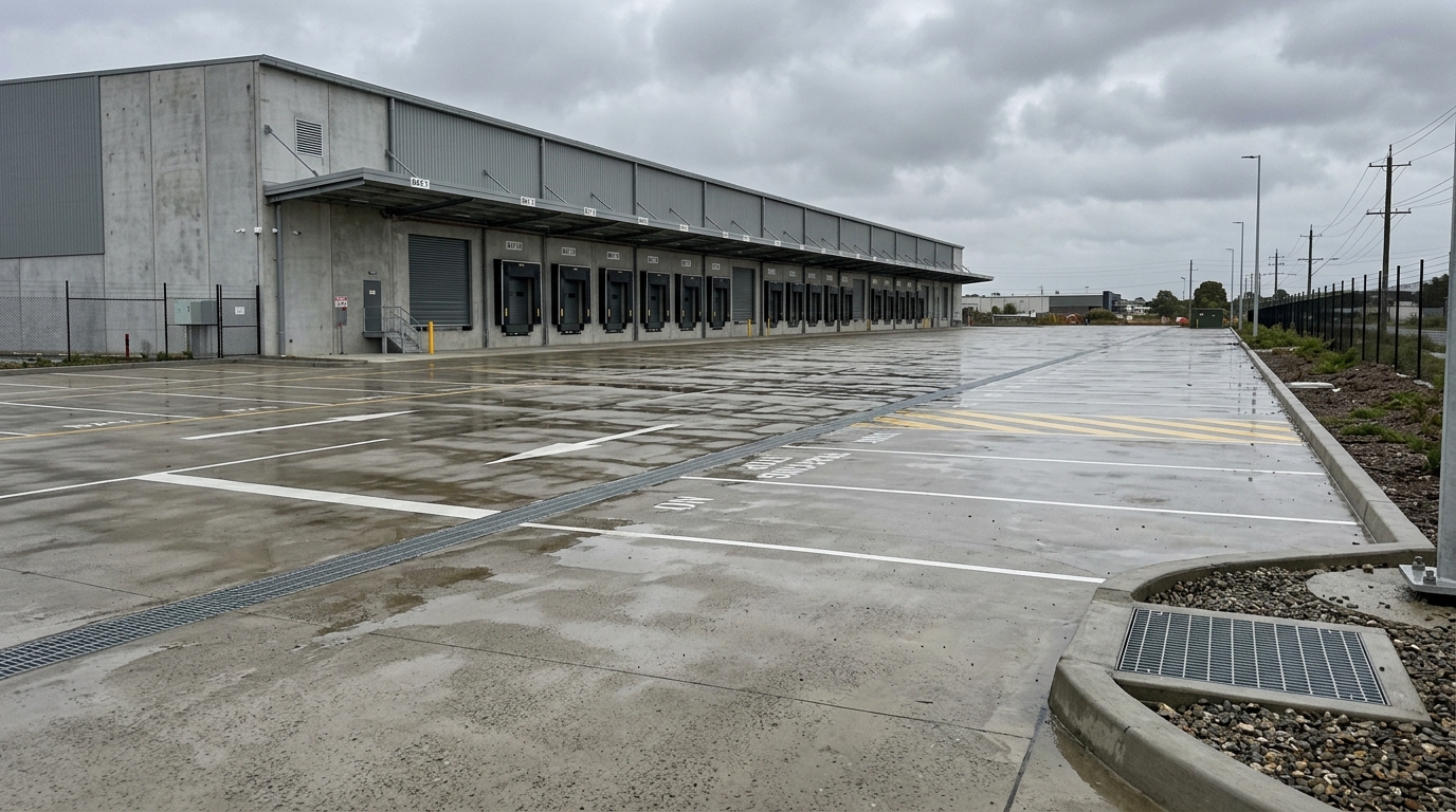 Large sealed concrete hardstand beside a distribution warehouse with surface drainage grates after rain in Western Sydney