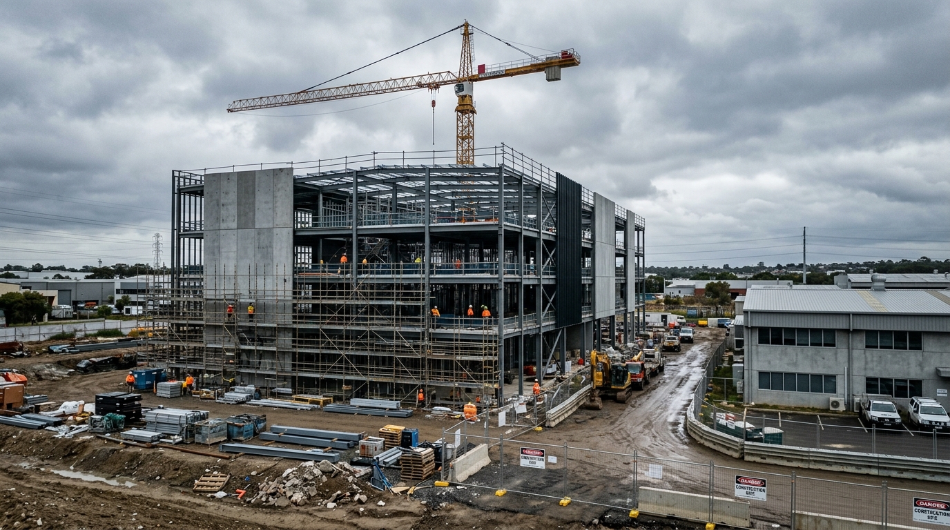 Advanced manufacturing research building under construction in Western Sydney with steel frame, partial cladding and a tower crane