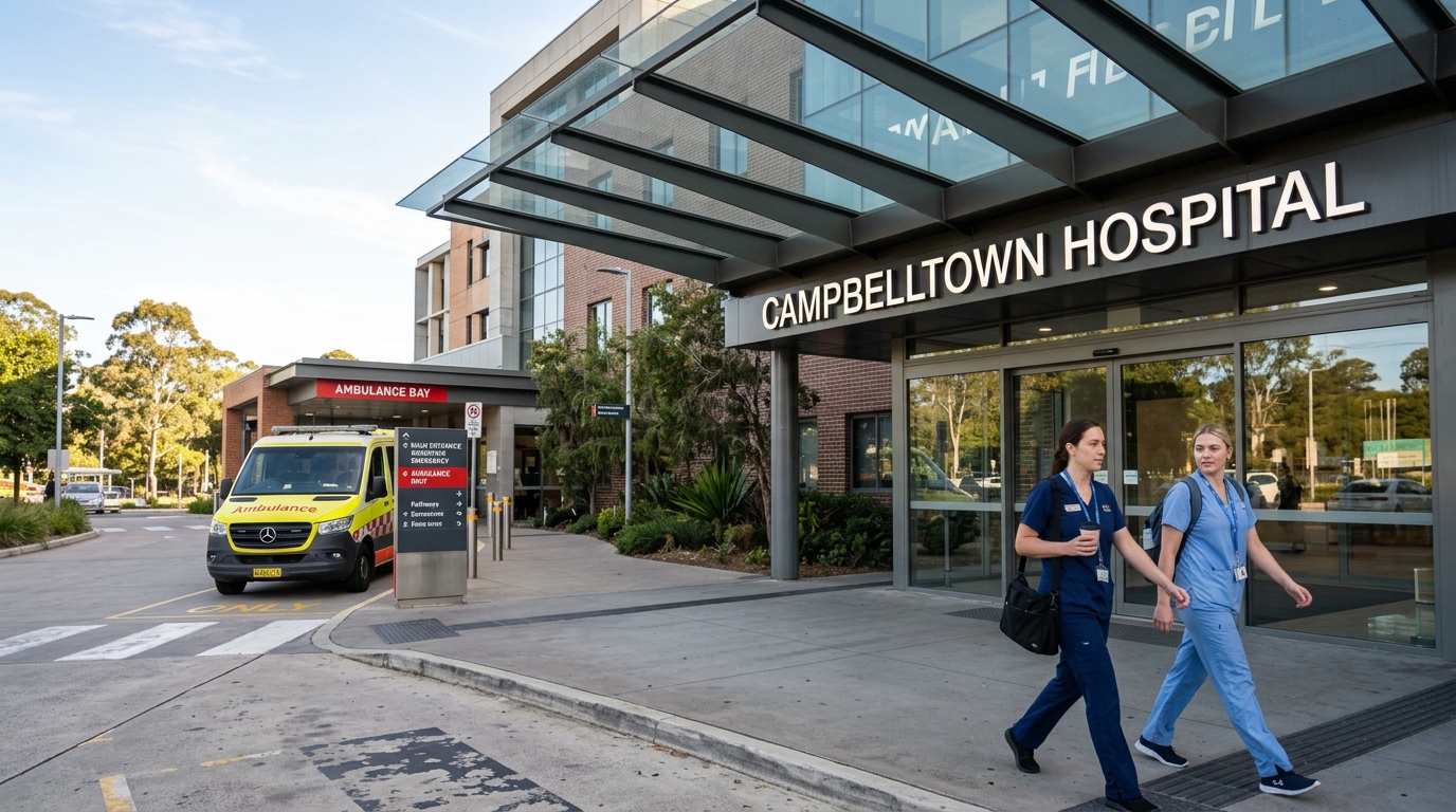 Campbelltown Hospital main entrance ahead of major redevelopment, Campbelltown Macarthur development 2026