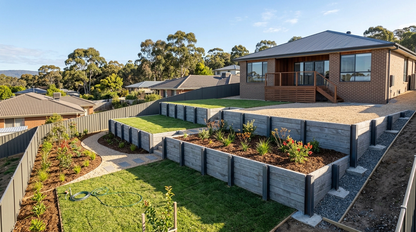 Hidden Building Costs Australia 2026 engineered concrete retaining wall showing slope and civil works risk.