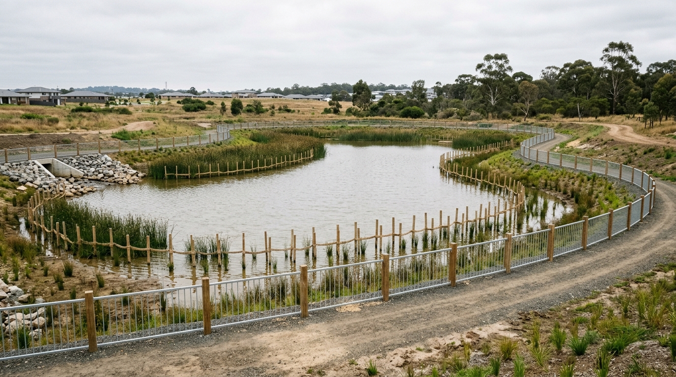 Newly constructed stormwater wetland with shallow open water and planted reed beds in outer Western Sydney