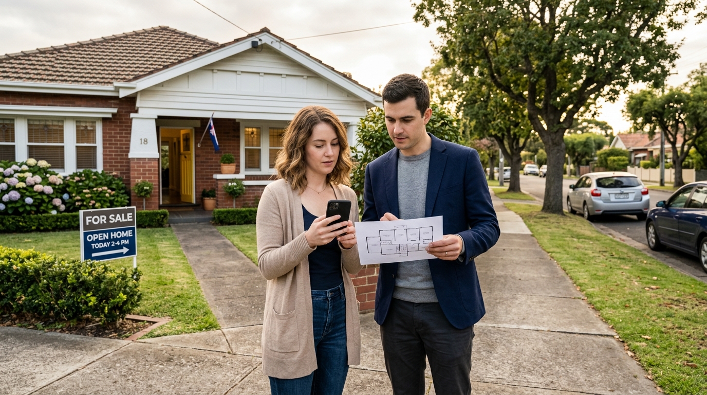 Photo of a young couple standing on the footpath looking at a detached house in a Sydney suburb during a weekend inspection with a for sale sign visible in the front yard