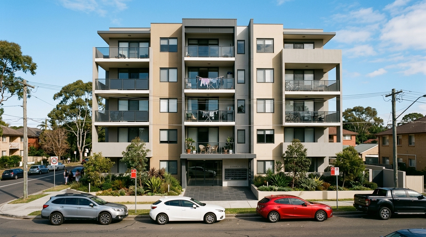 Completed mid-rise apartment building with rendered facade and metal balcony balustrades in Western Sydney