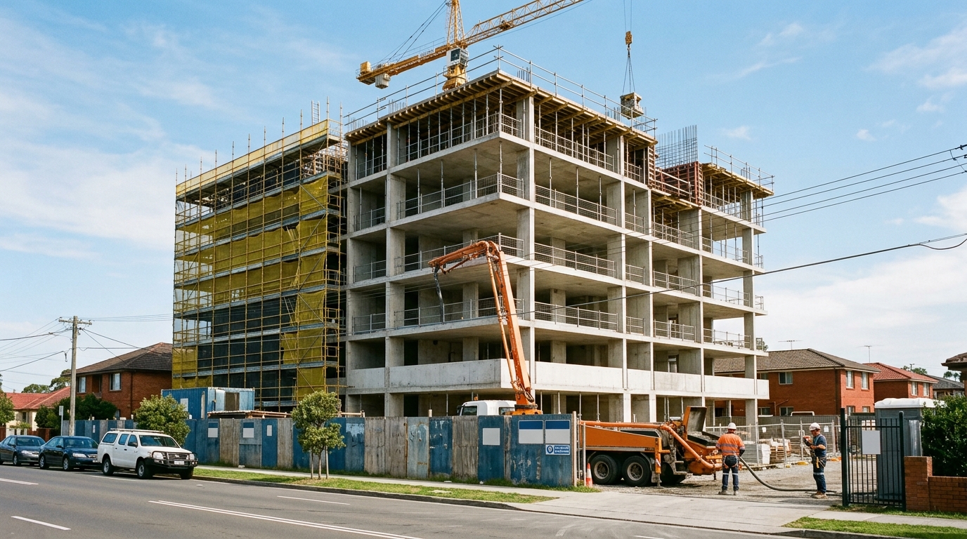 Mid-rise apartment building under construction with tower crane and scaffolding in Western Sydney