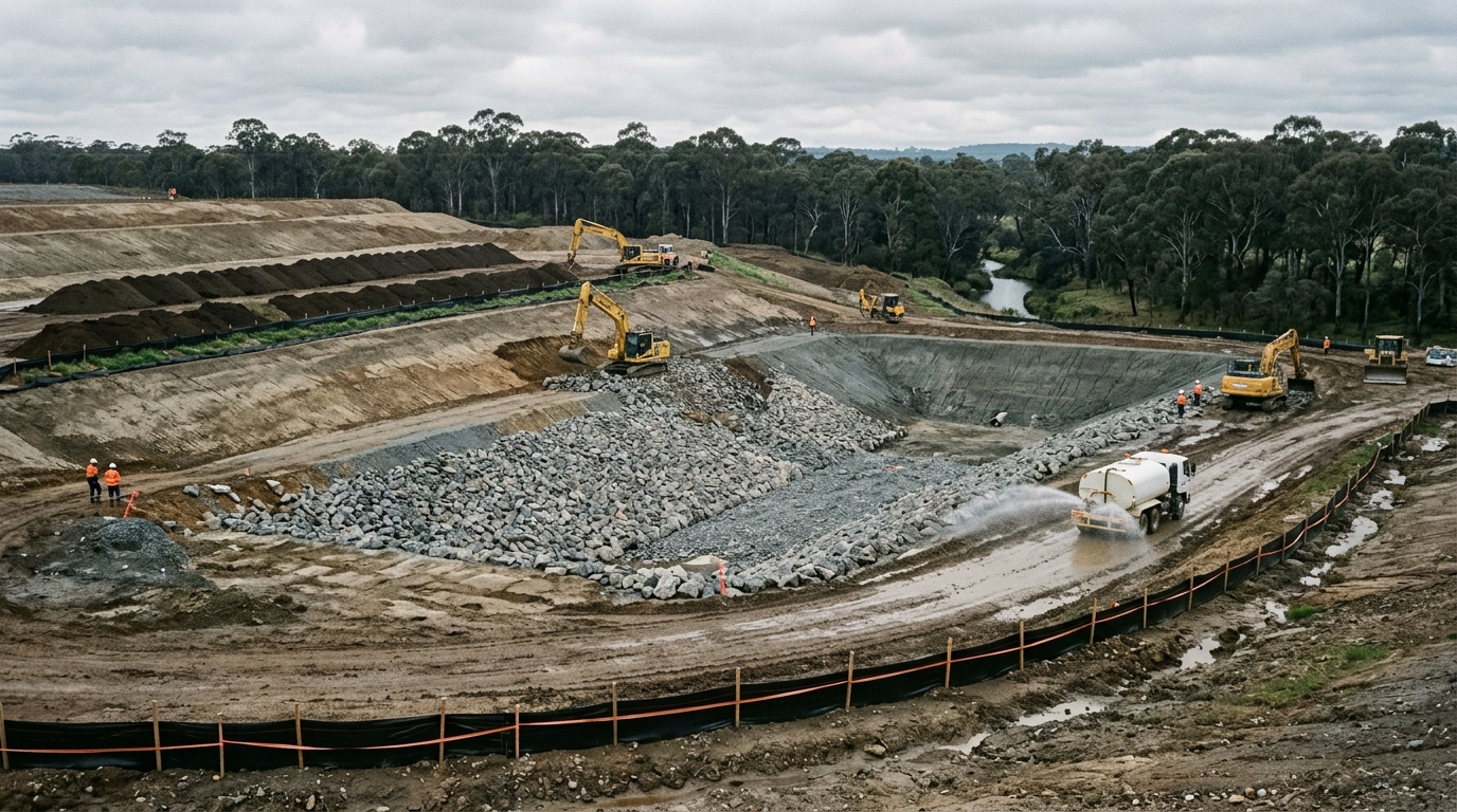 Large-scale earthworks on an industrial estate site in Western Sydney with excavators, graded terraces and a rock-lined detention basin