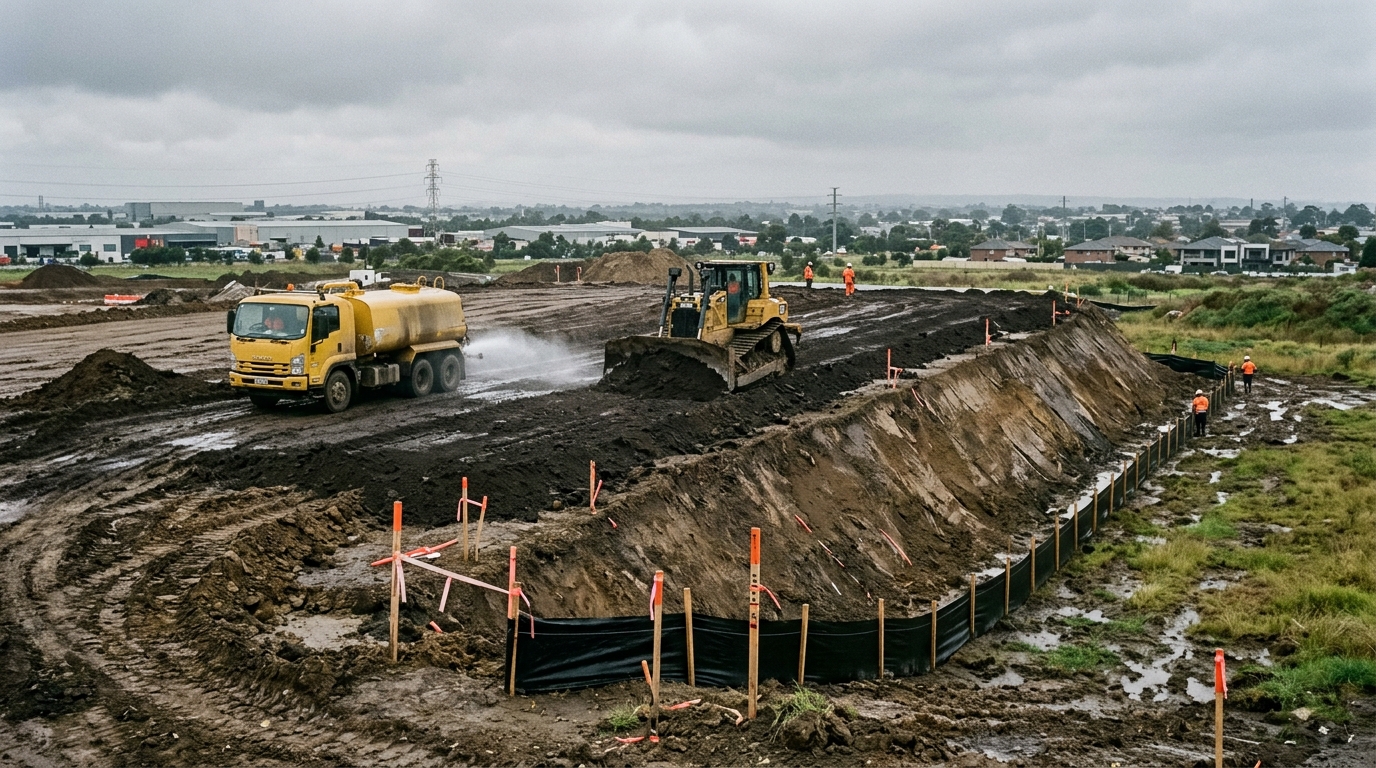 Imported fill being spread across a Western Sydney development site with a dozer, a steep batter and silt fencing