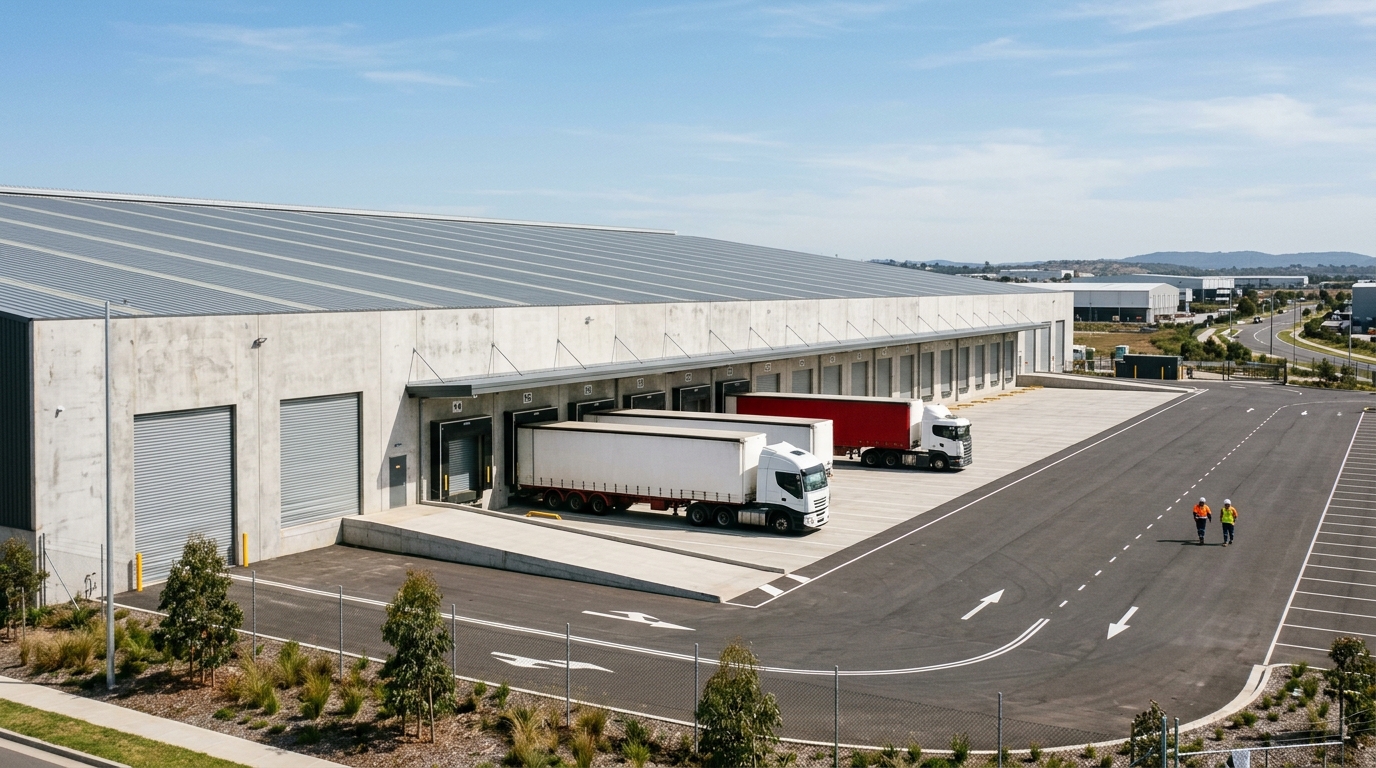 Large modern logistics warehouse with a long row of loading docks and semi-trailers in Western Sydney