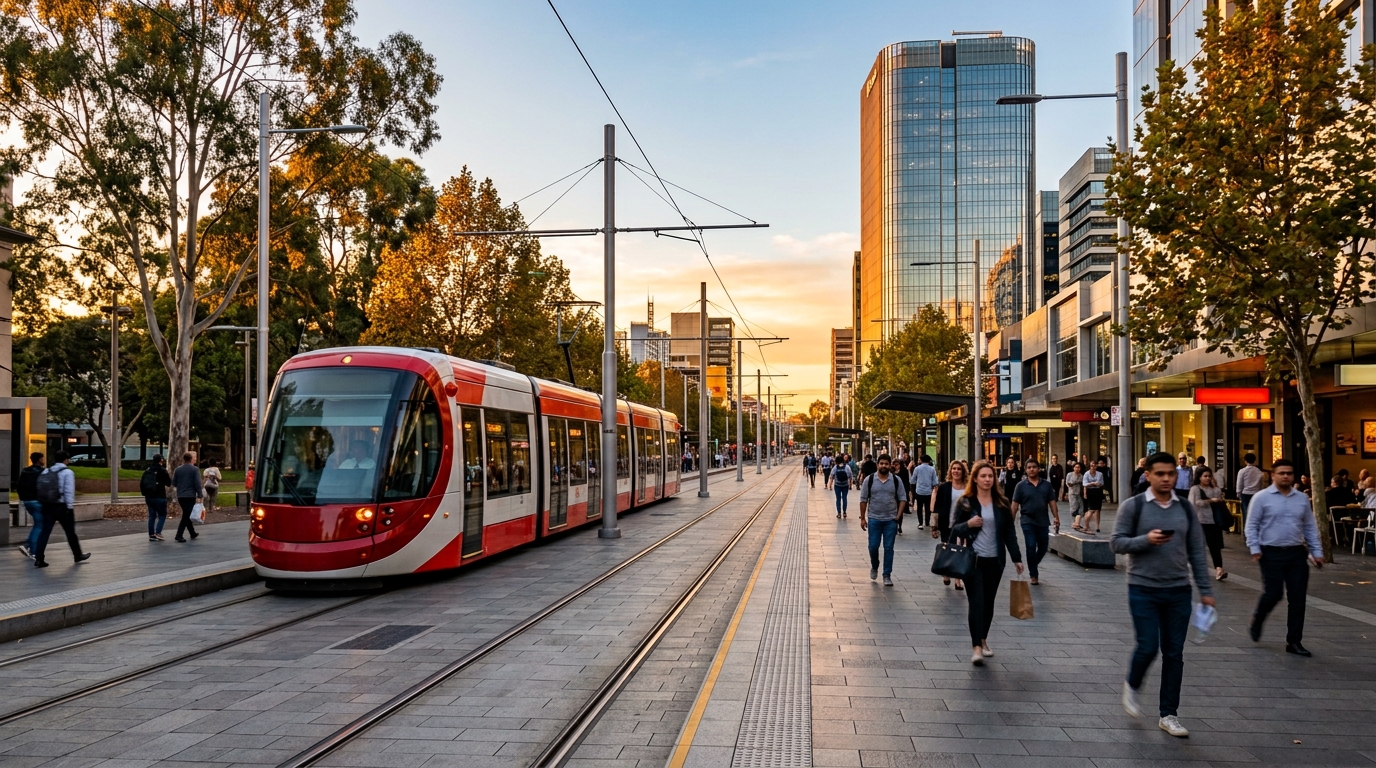 Ground-level view of Parramatta Light Rail tram on Church Street with Parramatta Square towers in the background and commuters at the light rail stop