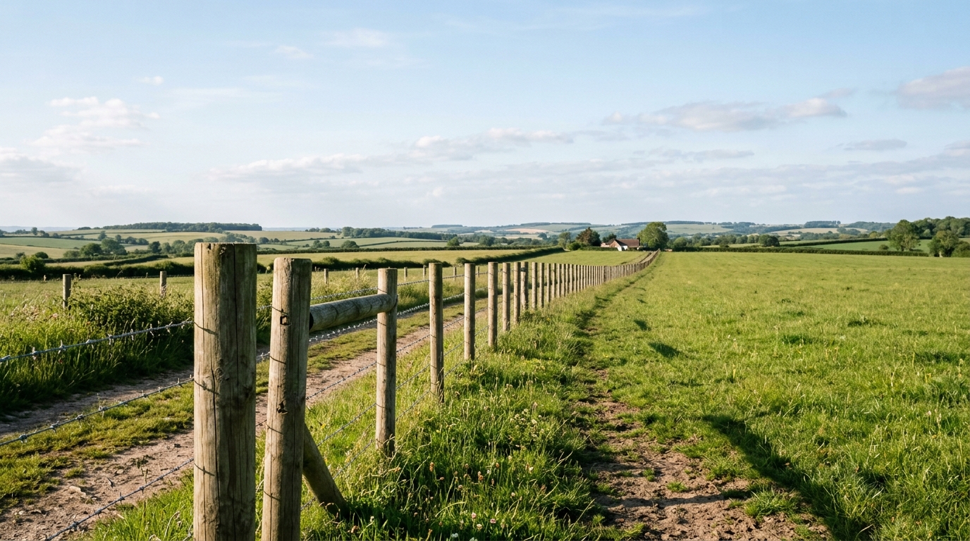 Photo of a rural property boundary fence line of timber and wire stretching from the foreground to the horizon across green NSW paddocks under a clear blue sky with no people and no text