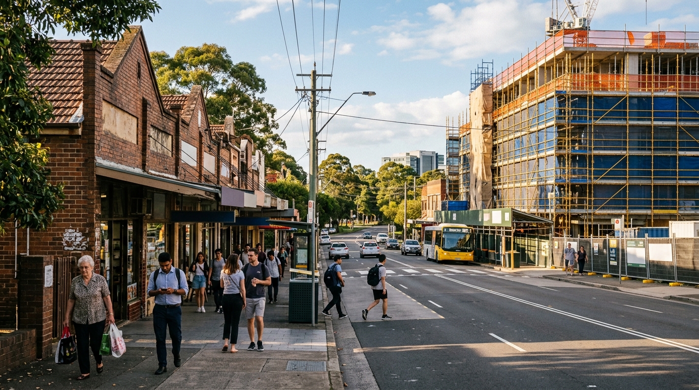 Street-level construction near a Sydney metro station in an accelerated TOD rezoning NSW precinct at Homebush