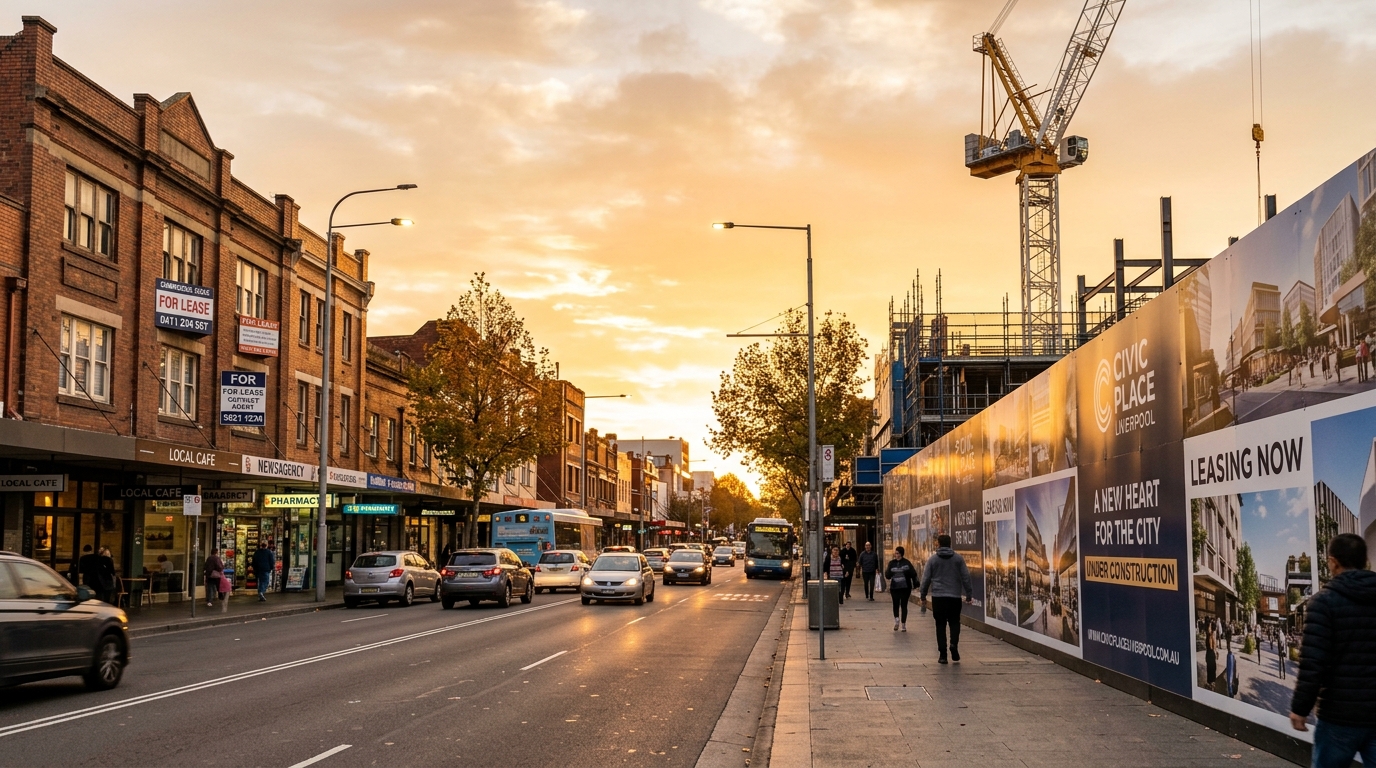 Liverpool City Centre rezoning 2026 street-level view of Liverpool CBD at golden hour showing new mixed-use buildings along George Street with pedestrians and street activation