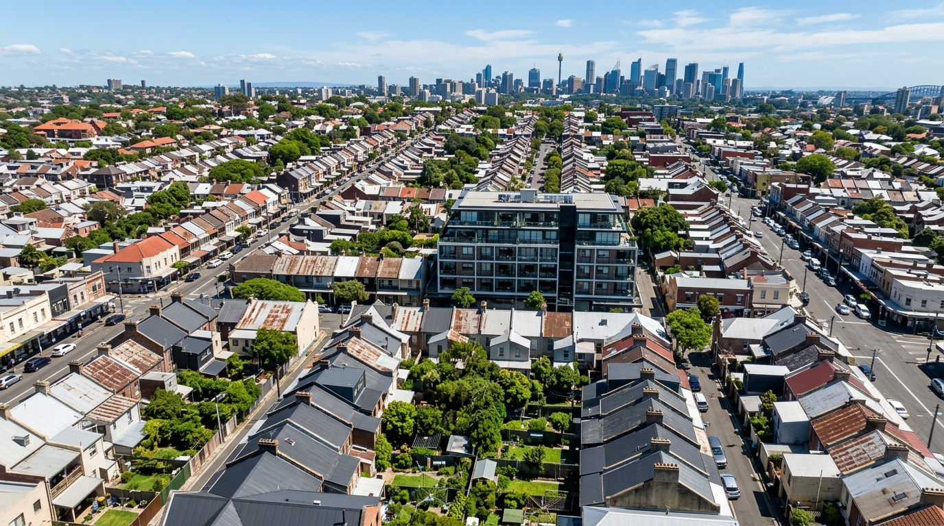 Aerial view of terrace houses and apartment blocks in the Sydney rental market 2026 inner west