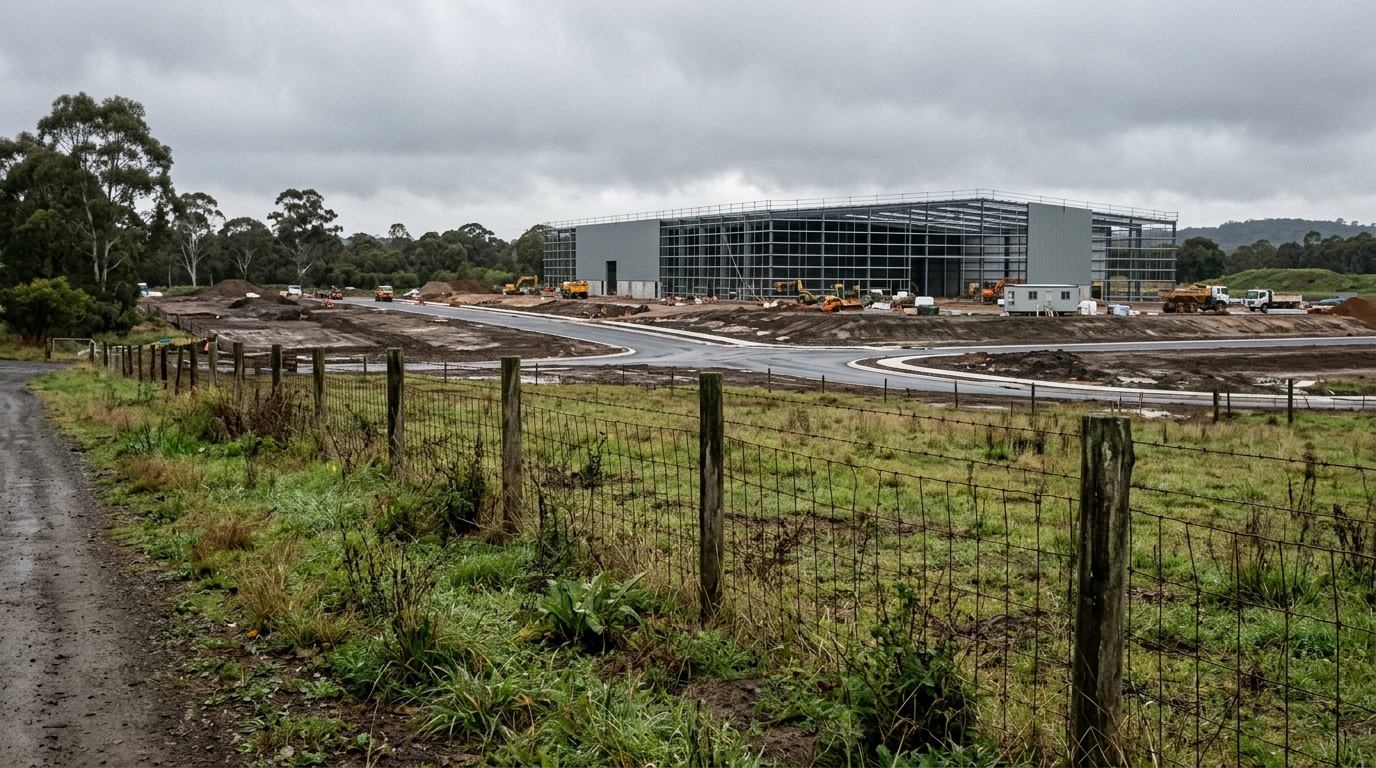 Boundary between unzoned rural paddock and a graded Aerotropolis development site with new roads and a warehouse frame