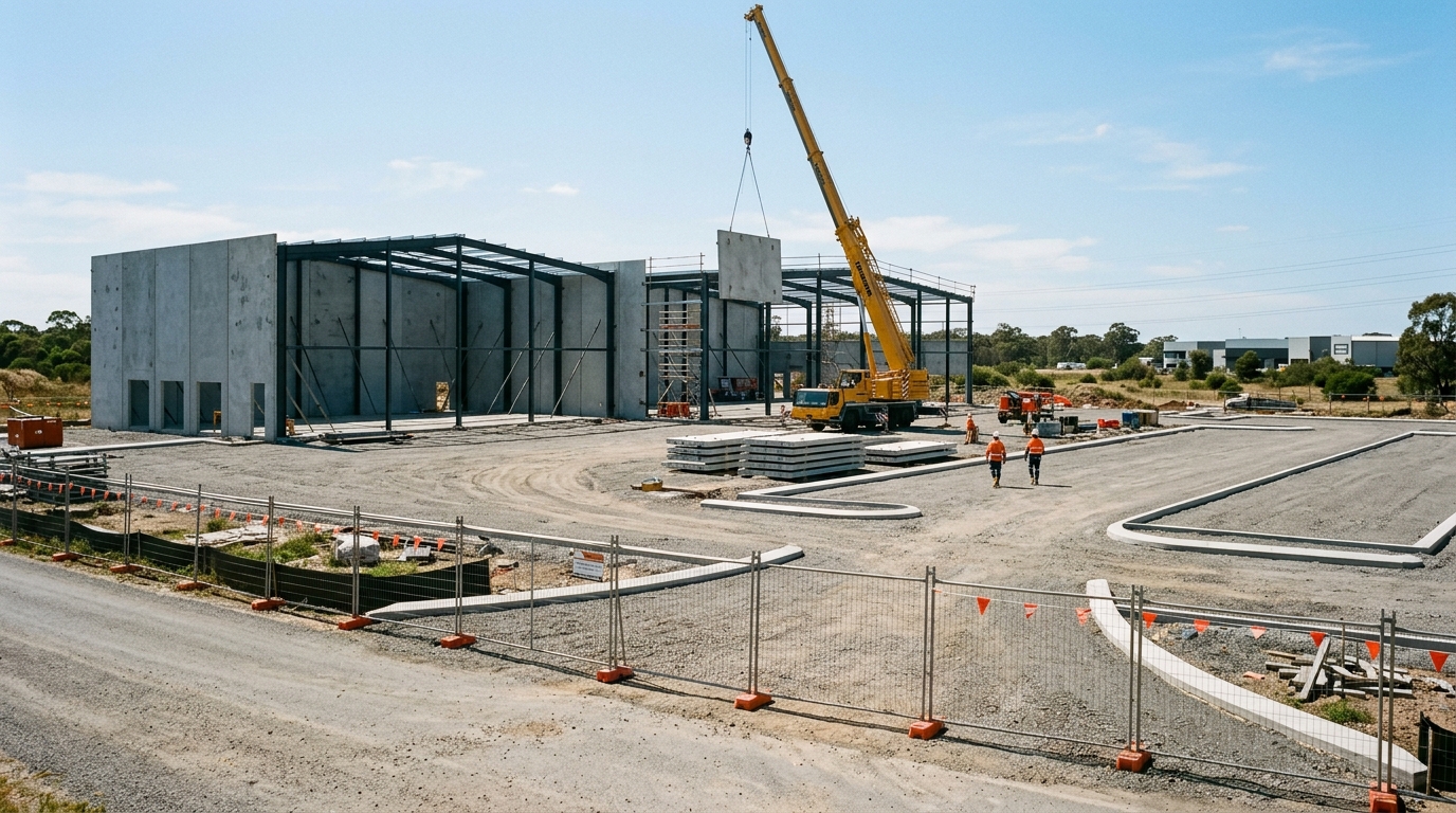Warehouse estate under construction with steel portal frames and precast concrete panels in outer Western Sydney