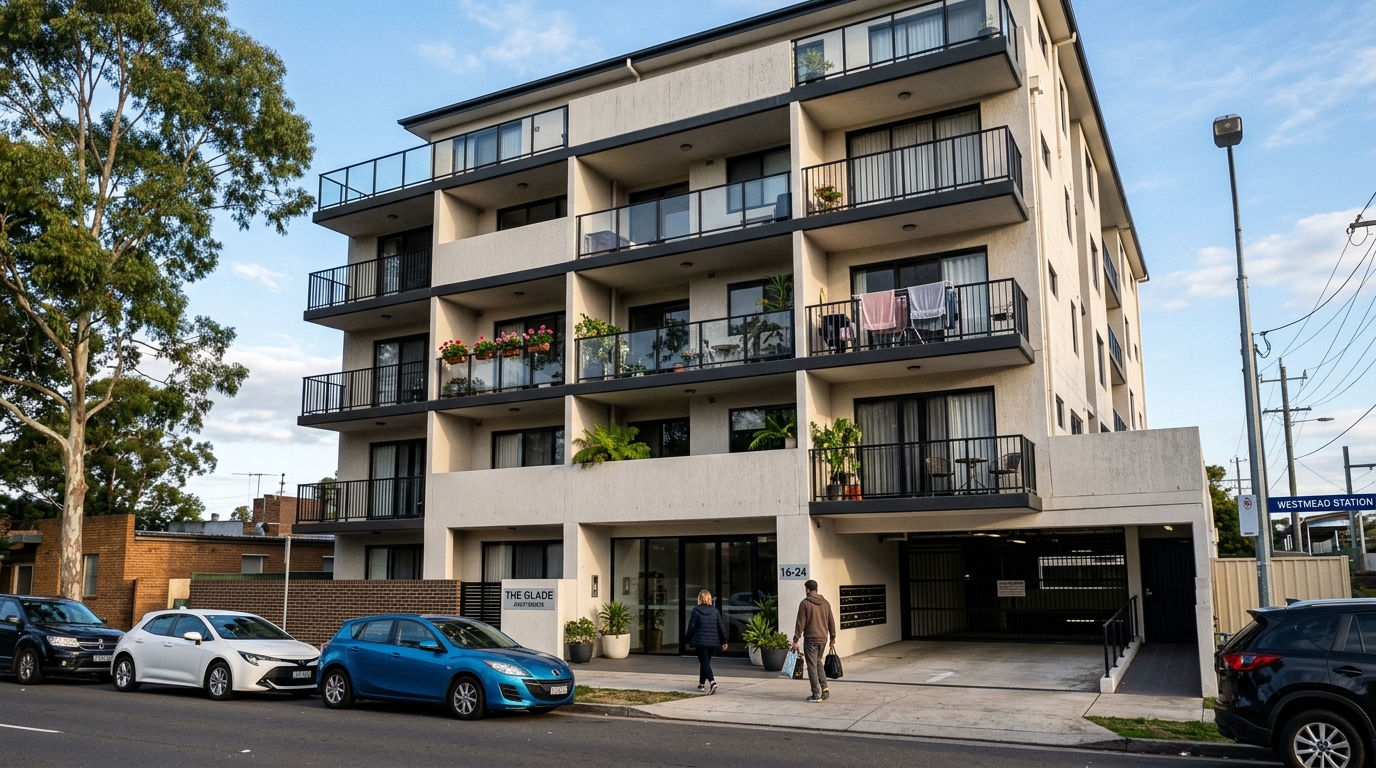 Mid-rise residential apartment building in Western Sydney with rendered facade and metal balcony balustrades, representative of the unit stock recording sales near Carson Lane St Marys