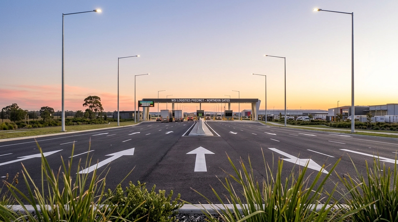 Ground-level view of multi-lane dual-carriageway access road feeding into northern gates of WSI logistics precinct with clean dark asphalt white directional arrows and modern steel light poles at dawn
