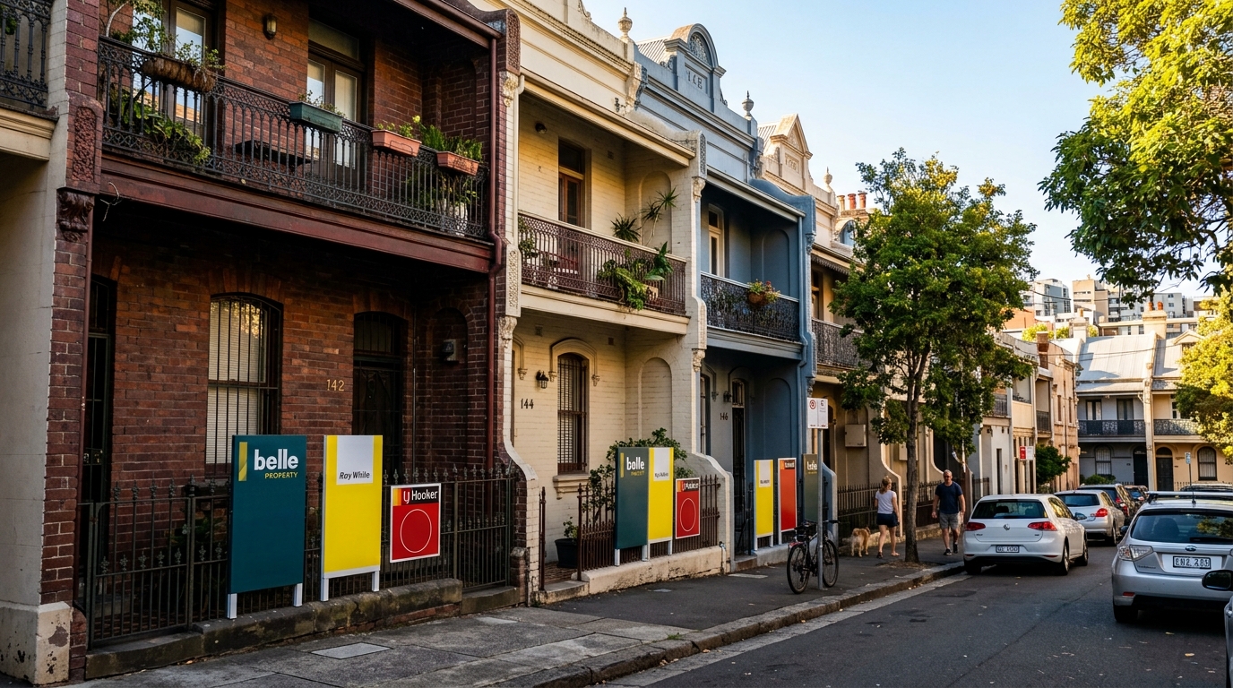 Multiple For Rent signs on apartment buildings in a Sydney suburb with real estate agency boards
