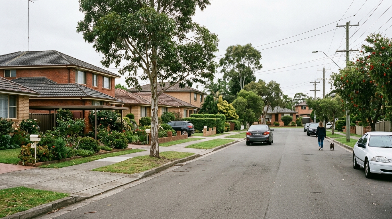 Established residential street at Bardia with brick and tile houses on wider lots and mature street trees