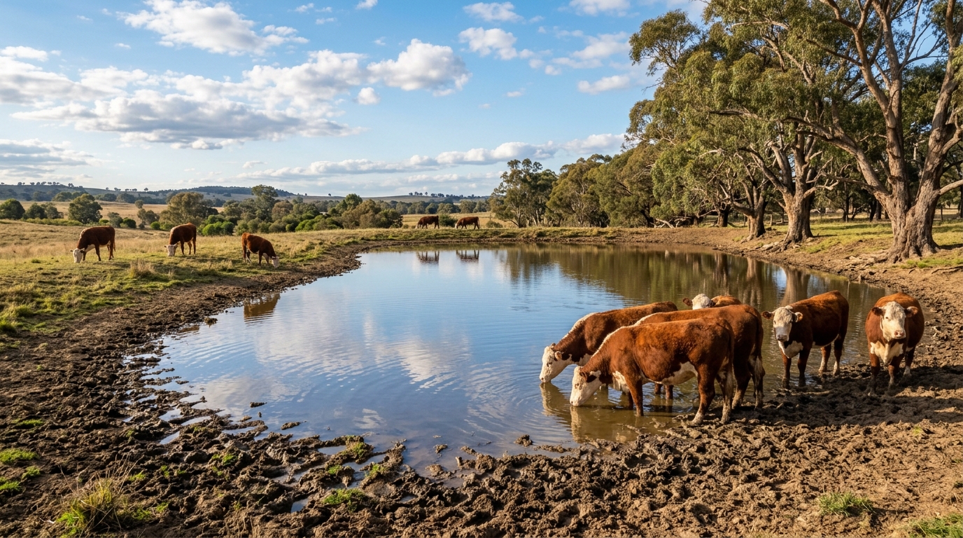 Photo of a rural property dam in NSW surrounded by green pasture with cattle grazing in the background and eucalyptus trees on the ridge line under afternoon light no text photorealistic