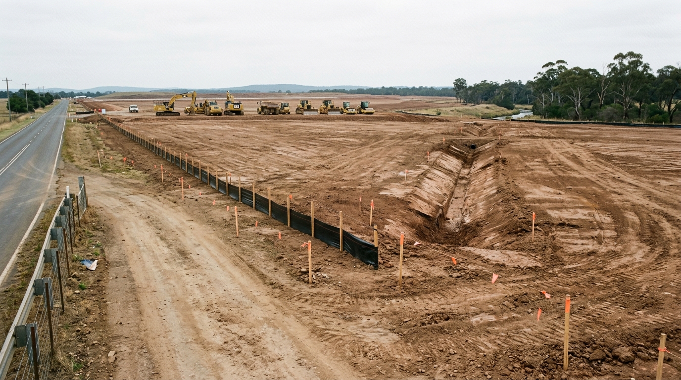 Cleared Aerotropolis Core enterprise estate site on Badgerys Creek Road with survey pegs, silt fencing and earthmoving machinery