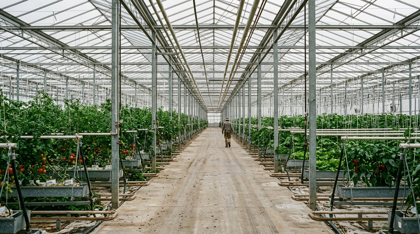 Interior of a large commercial glasshouse with rows of vegetable plants on raised gutters