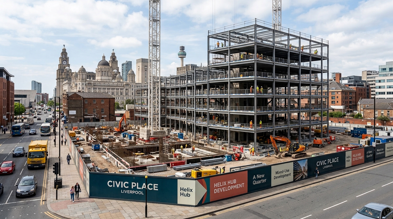 Liverpool City Centre rezoning 2026 construction site of Liverpool Civic Place showing the Helix Hub tower rising above the Scott Street site with cranes visible in 2025