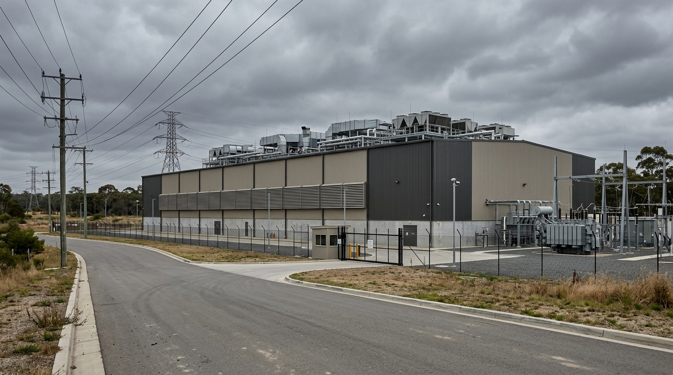 Windowless data centre building with rooftop cooling plant and a transformer yard in outer Western Sydney