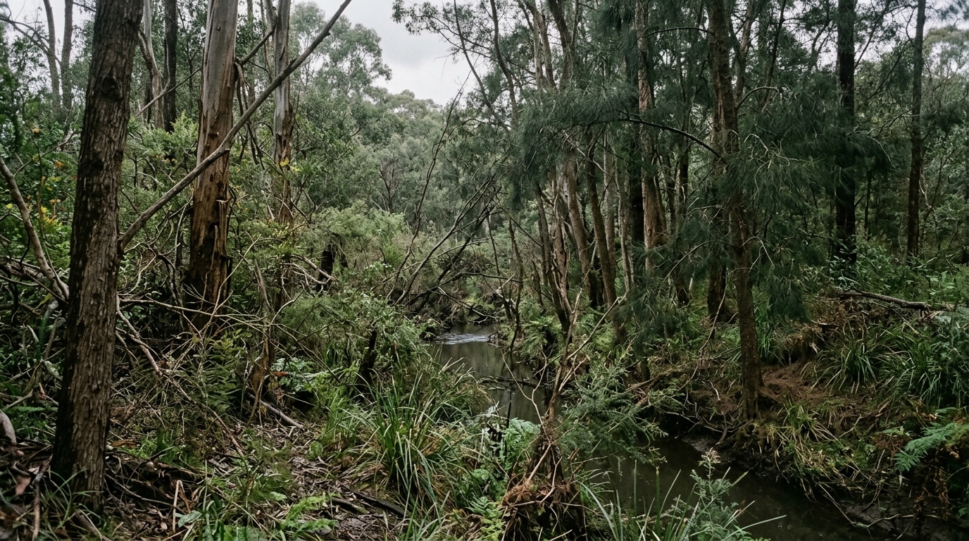 Dense creekside vegetation with closely spaced trees and thick undergrowth crowding a Wianamatta South Creek channel