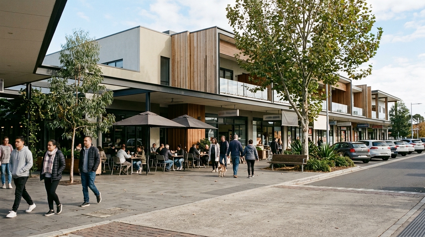 Two-level suburban town centre with covered walkway and outdoor dining in Western Sydney