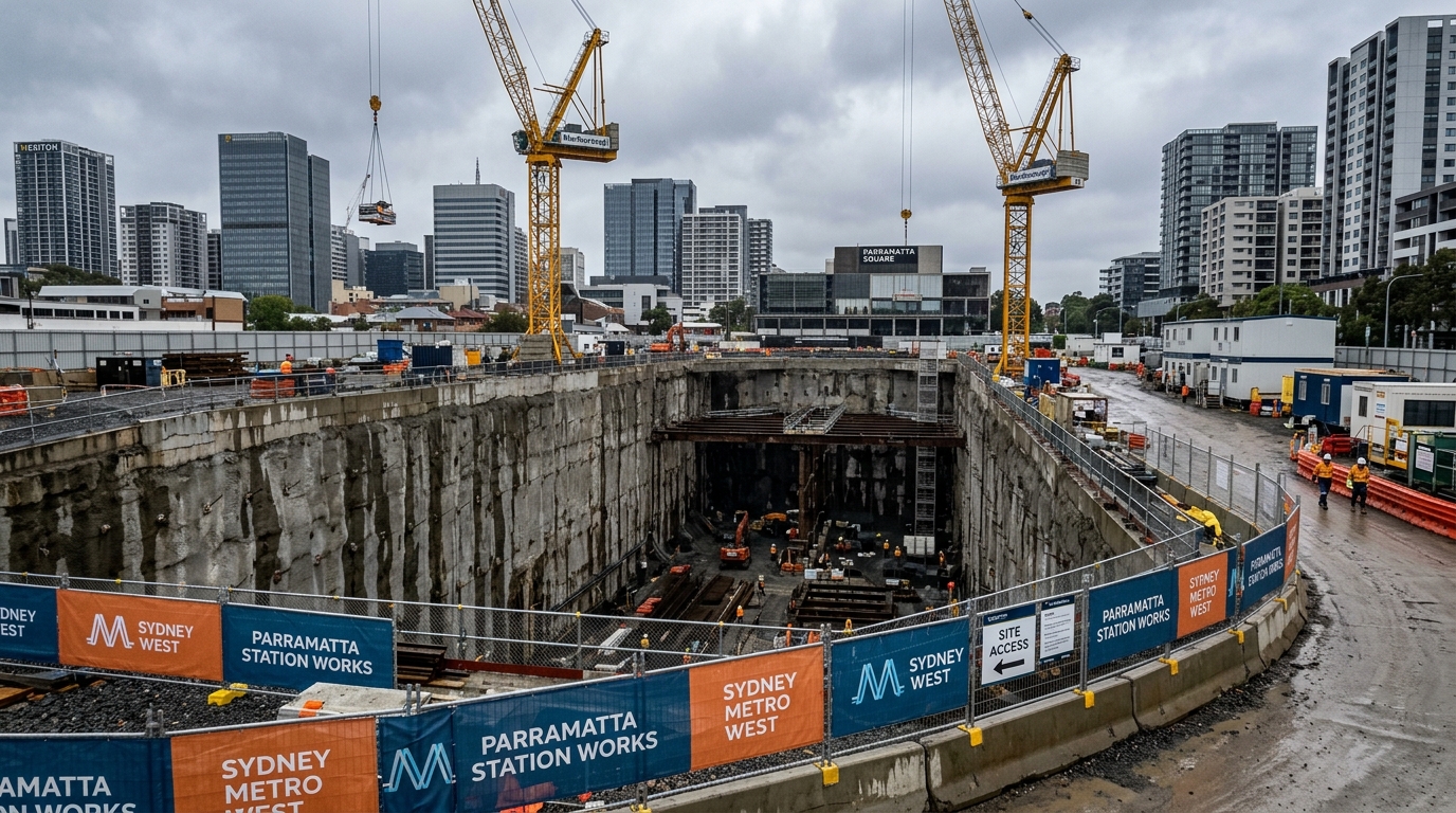 Construction site of Sydney Metro West at Parramatta showing tunnel boring equipment, site hoarding and project renders of the four integrated station development towers