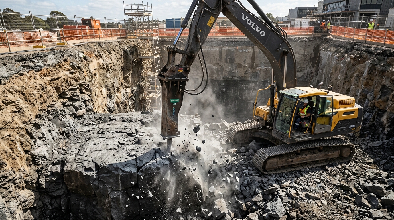 Excavator breaking basalt rock during residential site excavation showing hidden rock excavation costs in Australia
