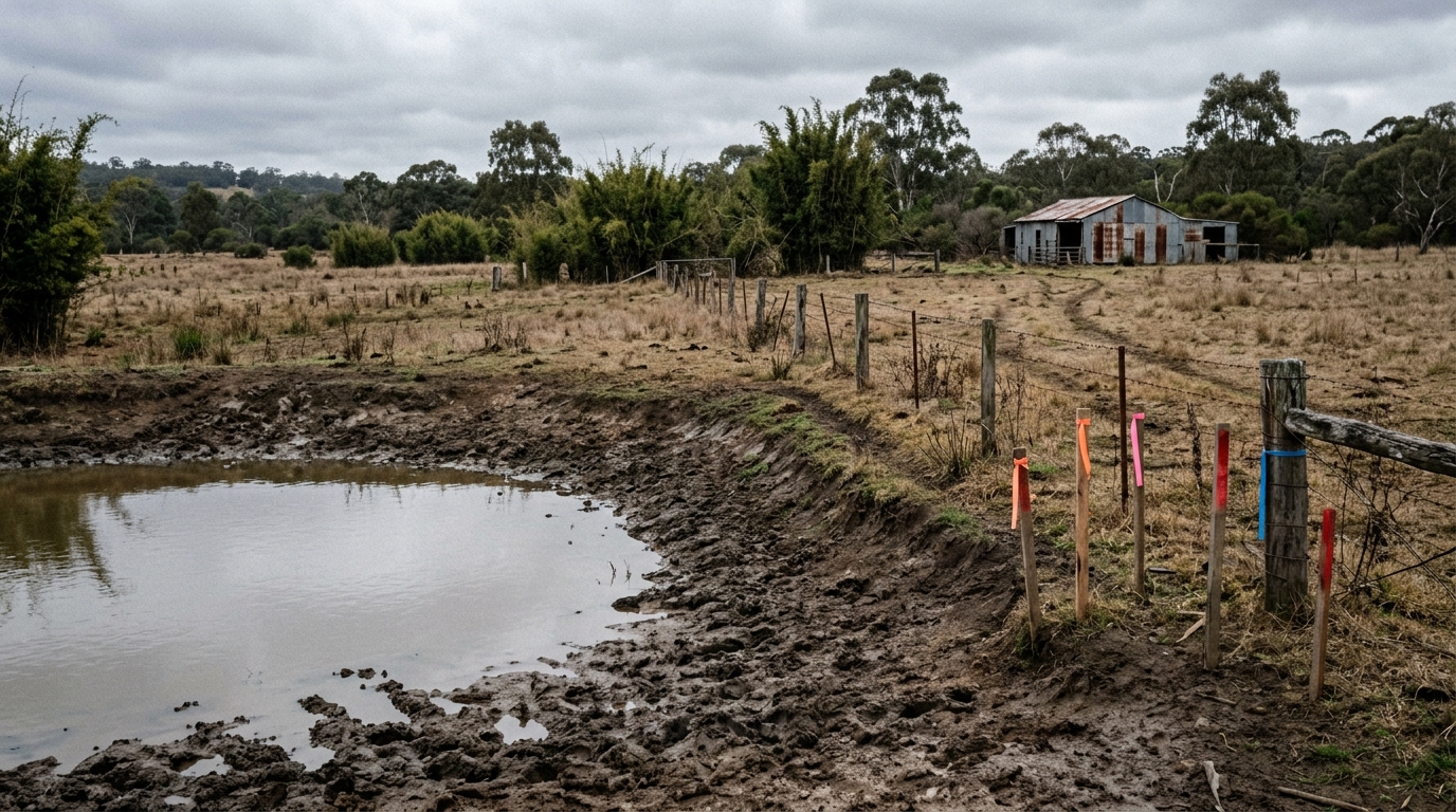 Farm dam and dry paddocks on rural land in the Badgerys Creek Precinct awaiting industrial development, with old post-and-wire fencing