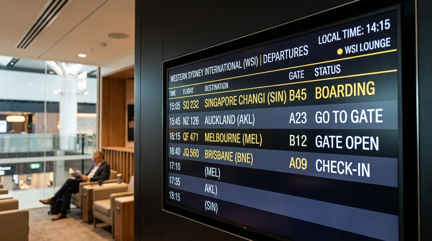 Close-up shot of a modern electronic flight information display screen FIDS inside the WSI terminal lounge clearly listing direct flight routes to Singapore Changi Auckland Melbourne and Brisbane