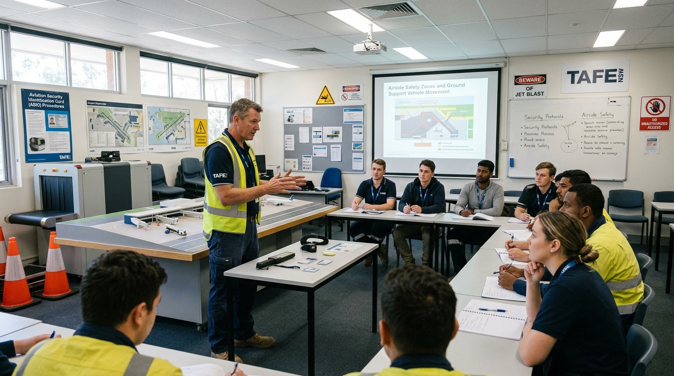 A TAFE NSW classroom setting where an instructor is demonstrating aviation security procedures and airside safety protocols to a focused group of young local adult students