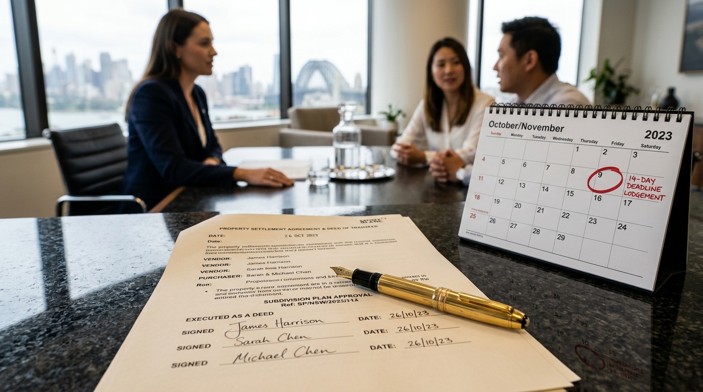 Legal settlement meeting interior with contract documents for off the plan land purchase