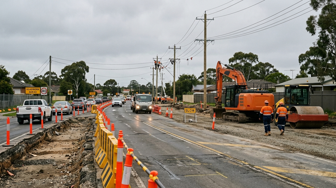 Road widening works with cones and an excavator on a Western Sydney arterial road