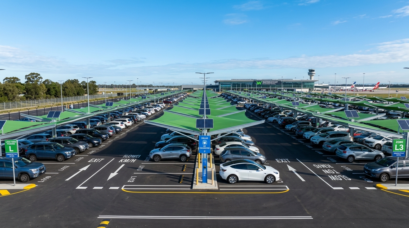 A ground-level wide shot of competitive long-term parking lot bays at Western Sydney International Airport featuring green shade sails solar charging stations and clear asphalt markings under a bright morning sky