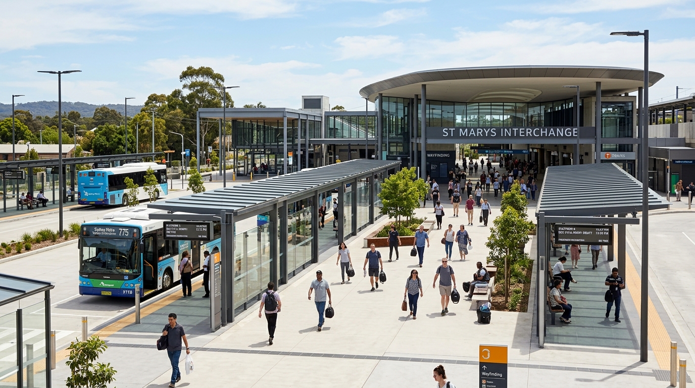 Outdoor daytime wide shot of the entry plaza at the new St Marys public transport interchange showing modern steel and glass bus shelters electronic passenger info screens and travelers transferring between platforms