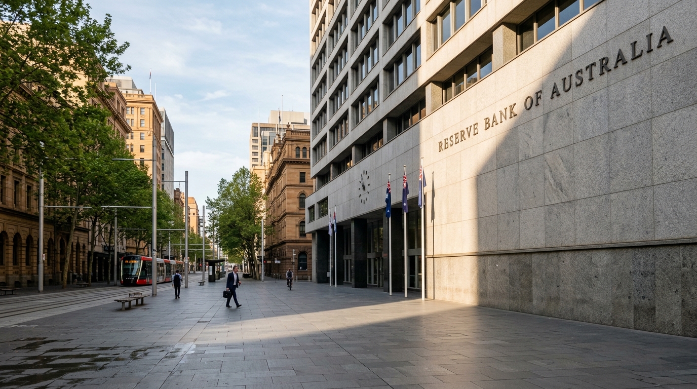 Photo of the Reserve Bank of Australia headquarters building exterior in Sydney with the RBA signage visible on a clear day no people prominent in frame