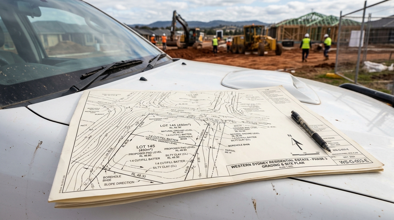 Western Sydney residential land estate civil engineering site plan with survey lines and soil grading notes